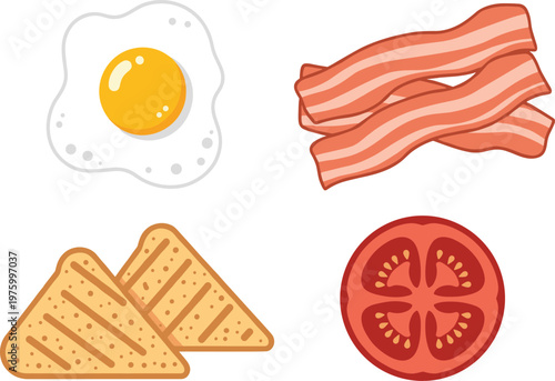 Vector Set of Breakfast Food Items: Fried Egg, Bacon, Toast, and Tomato for Morning Meals