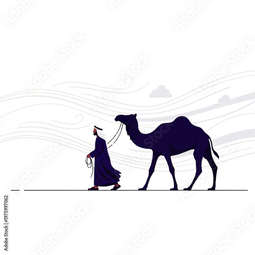 Vector flat design illustration of an Arab man in traditional clothing leading a camel across a desert landscape