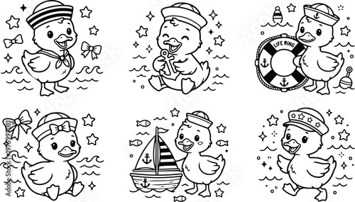 Cute sailor ducklings wearing hats and bows in nautical themed coloring book pages with stars fishes waves and boats perfect for children black and white line art