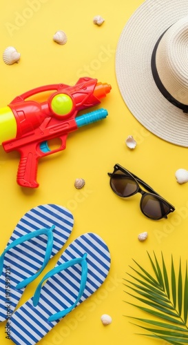 Summer Beach Vacation Flat Lay: Water Gun, Flip Flops, Hat, Sunglasses, Shells