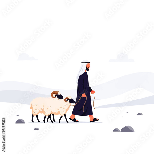 Vector flat design illustration of a man in traditional clothing leading sheep across a barren landscape