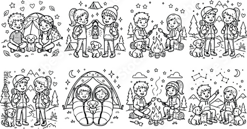 Black and white coloring book page set with happy children and dog camping roasting marshmallows walking forest stars tents playful outdoor adventure scenes vector art