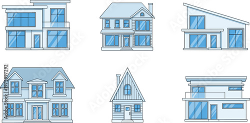 Set of modern house facades in flat vector style isolated collection of residential buildings architecture icons for real estate design