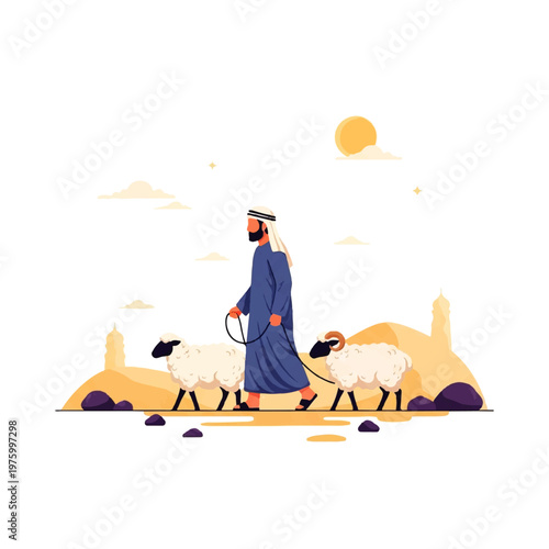 Vector flat design illustration of a man in traditional clothing leading sheep across a desert landscape with distant