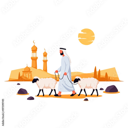 Vector flat design illustration of a man in traditional Arabic clothing herding sheep with a mosque in the background