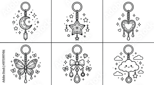 Black and white coloring book page featuring detailed geometric moon star heart butterfly cloud keychain designs with hanging charms and decorative elements for creative art projects