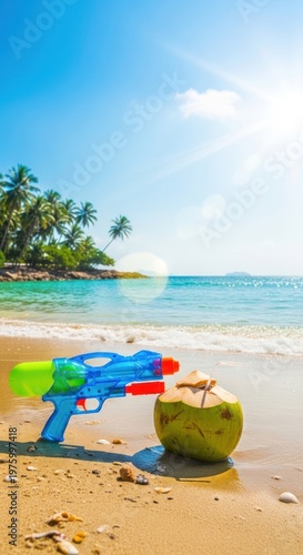 Summer Beach Fun: Water Gun and Coconut on Sandy Shore, Tropical Paradise