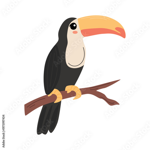 Colorful cartoon toucan perched on a branch with a vibrant yellow beak and black feathers, showcasing a playful and whimsical design in a simple illustration style