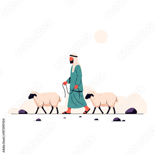 Vector flat design illustration of a shepherd in traditional clothing leading sheep across a barren landscape