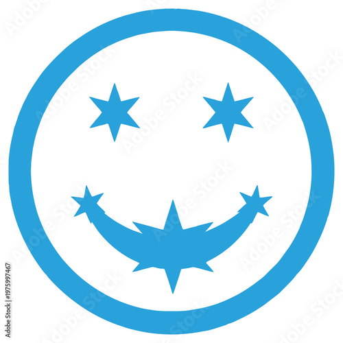 Smiling face with star eyes and mouth in blue circle symbolizing happiness and positivity in a playful way