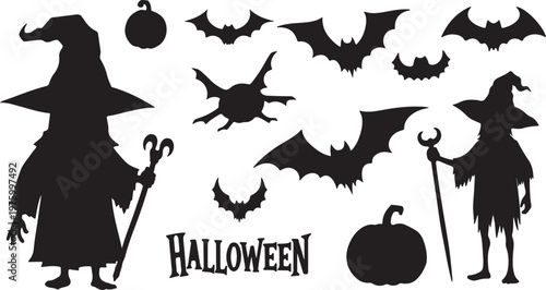 Halloween silhouette collection featuring spooky witches with magic staffs, flying bats and pumpkins. Black vector icons for holiday party invitations.