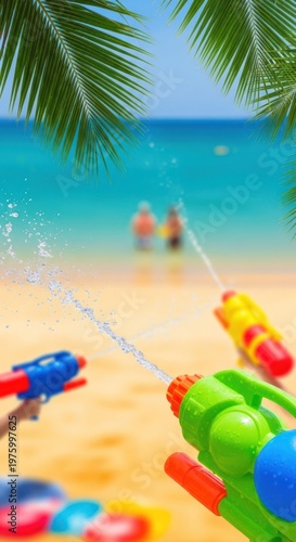 Summer Beach Fun: Water Guns Shooting Water at Tropical Seashore