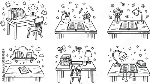 Black and white line art coloring book style desk scenes with books lamps plants pencils notes star and heart decorations creative study and reading objects vector illustration set