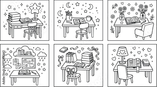 Line art collection of cozy desk setups with books lamps vases and decorative elements for a relaxing coloring book design page set