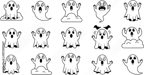 Set of Expressive Ghost Icons with Different Emotions for Halloween, Fun, and Spooky Design Projects