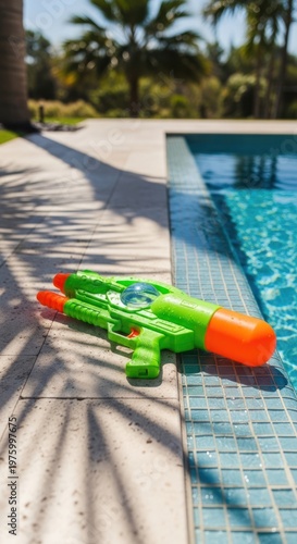 Green water gun resting by a blue swimming pool on a sunny day