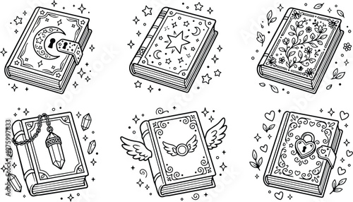 Black and white magical book coloring page set with celestial moon lock stars floral wings heart designs in vector line art for creative coloring activity