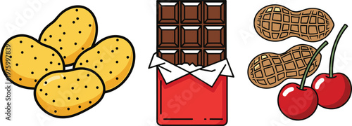 Set of snack foods including potatoes chocolate peanuts and cherries flat vector collection of tasty ingredients for food illustration and design