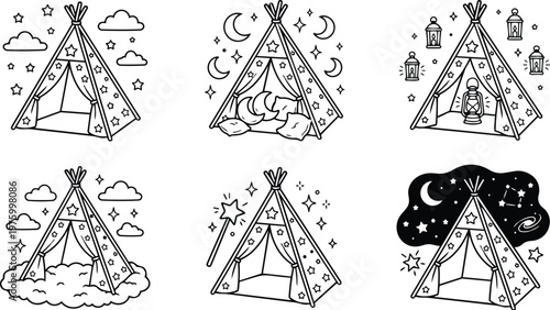 Black and white coloring book pages featuring whimsical star decorated tents with moons pillows lanterns clouds and magical elements for creative children and adults