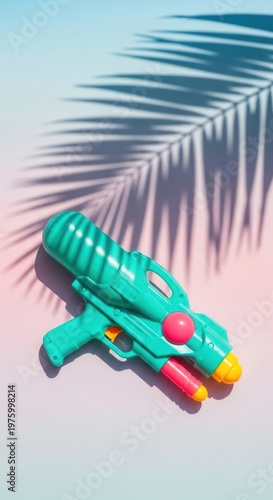 Retro Water Gun Toy with Palm Leaf Shadow on Pink and Blue Gradient Background