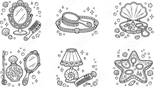 Black and white coloring book page with seashell mirror comb pearl necklace jewelry box starfish lamp and perfume bottle illustrations with sparkles and bubbles decorative elements