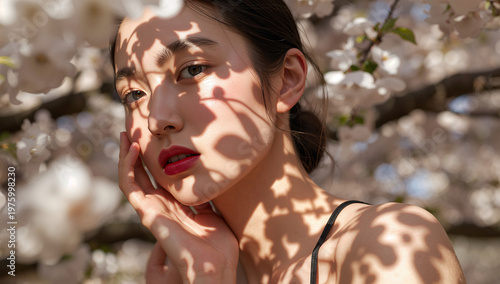 Obraz na płótnie 桜の木漏れ日が肌にパッチワークのように揺れる日本人の春の美容表現