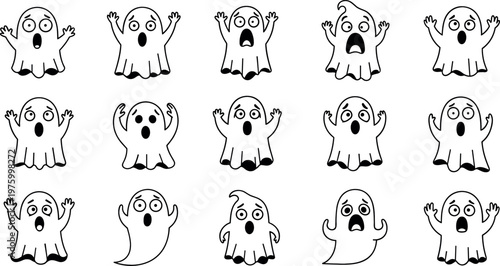 Set of Ghost Icons with Different Facial Expressions for Halloween, Spooky, and Fun Design Projects