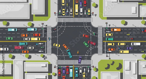 Aerial View of a Busy City Intersection with Cars.