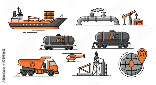 Oil and Gas Industry Icons - Transportation, Extraction, and Global Reach.