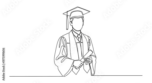 Graduation Ceremony Concept A Single Line Drawing of a Graduate in Cap and Gown Holding a Diploma