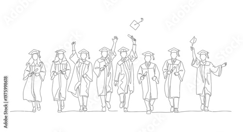 A continuous line art illustration of a group of diverse graduates in academic regalia, celebrating their commencement by tossing their caps in the air