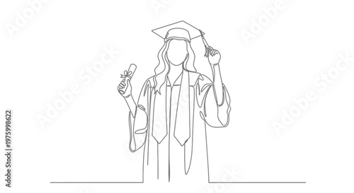 Continuous line art illustration of a graduating student in a cap and gown holding a diploma, symbolizing academic achievement and a bright future ahead