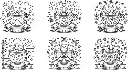 Hand drawn kawaii coloring book page featuring cute animals in cups including bunny bear mouse cat and floral heart designs with stars and candies decorative elements