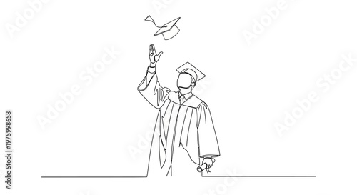 Graduation celebration continuous line art illustration of a student throwing their graduation cap in the air with joy and excitement