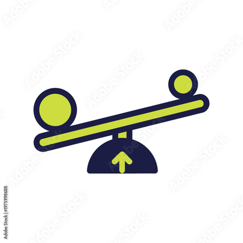 Balanced green and yellow circles on a seesaw with upward arrow, abstract concept of equilibrium