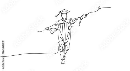 Continuous line art illustration of a graduating student in a cap and gown walking forward with outstretched arms, symbolizing accomplishment and aspiration