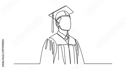Graduation ceremony and commencement single continuous line art vector illustration of a student in cap and gown celebrating academic achievement and educational success