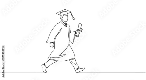 A graduate in a cap and gown walks briskly, holding a diploma, symbolizing achievement and the start of a new journey, depicted in clean, continuous line art