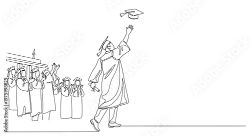 Graduation celebration with students in caps and gowns tossing their graduation caps in the air in a joyful depiction of academic achievement and success