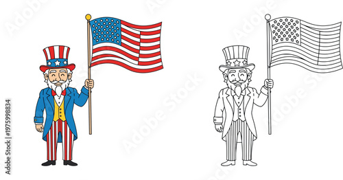 Patriotic Uncle Sam Holding USA Flag Cartoon Character Vector Illustration and Black and White Line Art Coloring Page for Fourth of July Celebration.