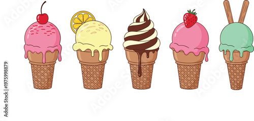 Vector Set of Ice Cream Cones with Different Flavors Including Strawberry, Vanilla, Chocolate, and More