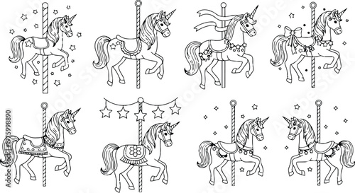 Black and white vector line art set of eight unicorn carousel horses with stars ribbons and bows ideal for children coloring book pages fantasy animals theme