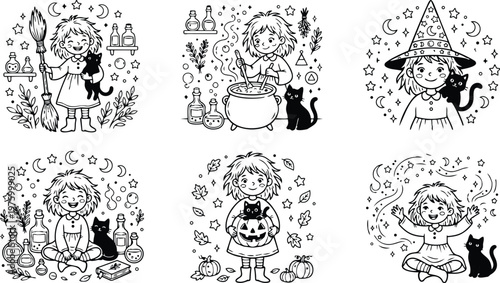Black and white coloring book pages featuring smiling little witch girl with cat holding broomstick potion bottles magical cauldron jack o lantern pumpkins stars moons leaves and herbs
