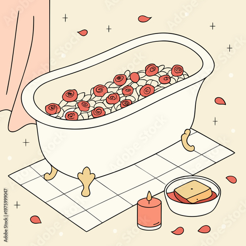 A serene vector illustration of a bathtub filled with roses and bubbles, surrounded by candles and petals.
