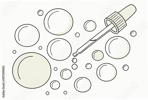 A minimalist vector illustration of a dropper releasing droplets into a collection of bubbles