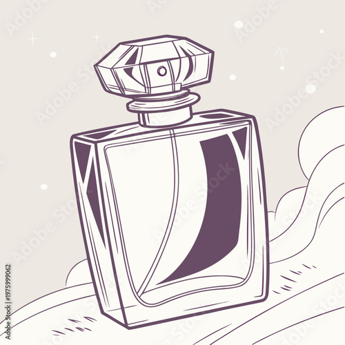 A minimalist illustration of a perfume bottle with a diamond-shaped cap on a beige background