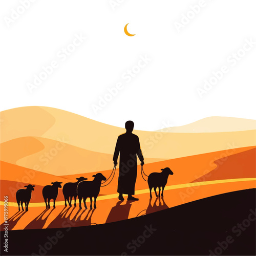Vector flat design illustration of a shepherd leading a flock of sheep across a desert landscape under a crescent moon