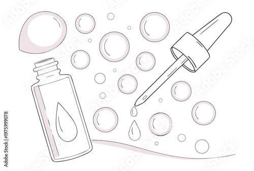 A minimalist vector illustration of a dropper bottle with bubbles and droplets in a simple line art style