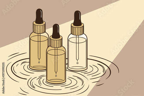 A minimalist vector illustration of three dropper bottles in a puddle of liquid on a beige background