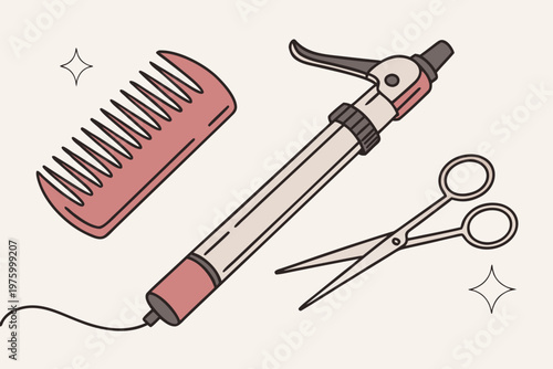 A vector graphic illustration of hair styling tools including a comb, curling iron, and scissors.